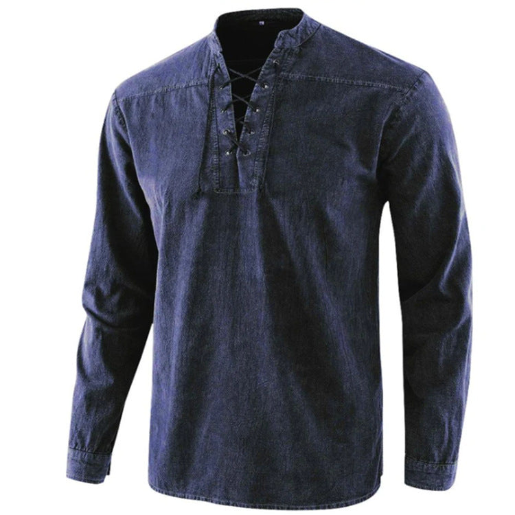 Mens Retro Stand Collar Long Sleeve Shirt