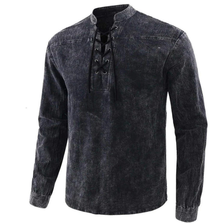 Mens Retro Stand Collar Long Sleeve Shirt