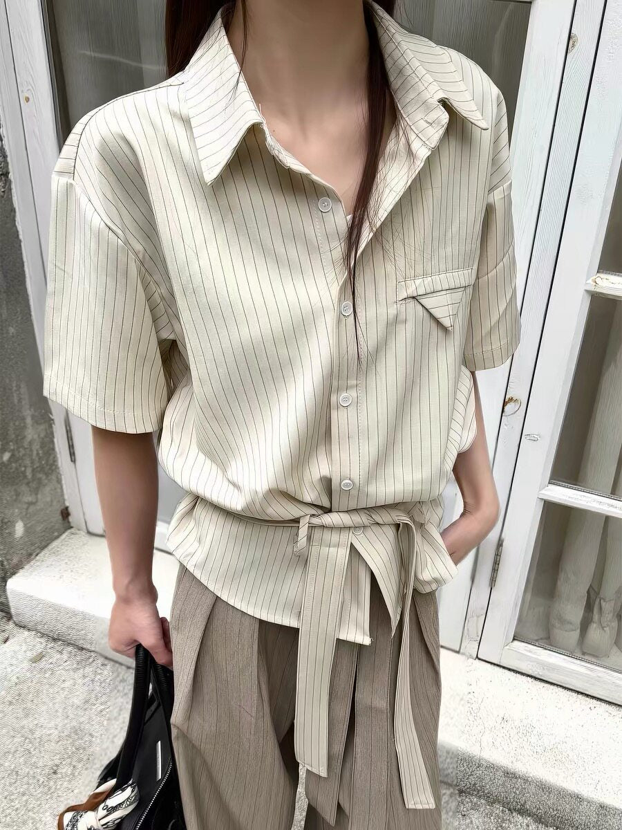 Draped Anti-Wrinkle Striped Tie Short Sleeve Shirt