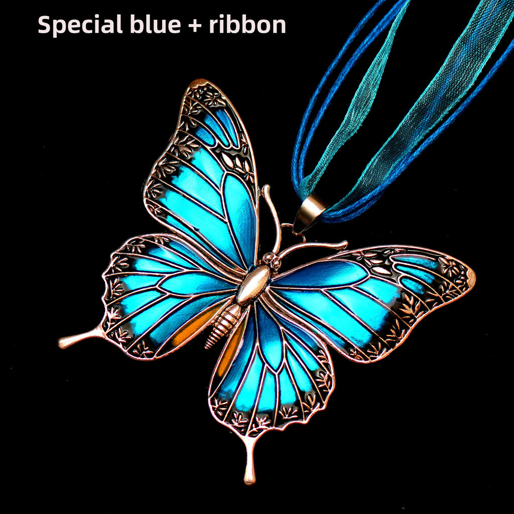 Colorful Morpho Butterfly Silver Plated Necklace