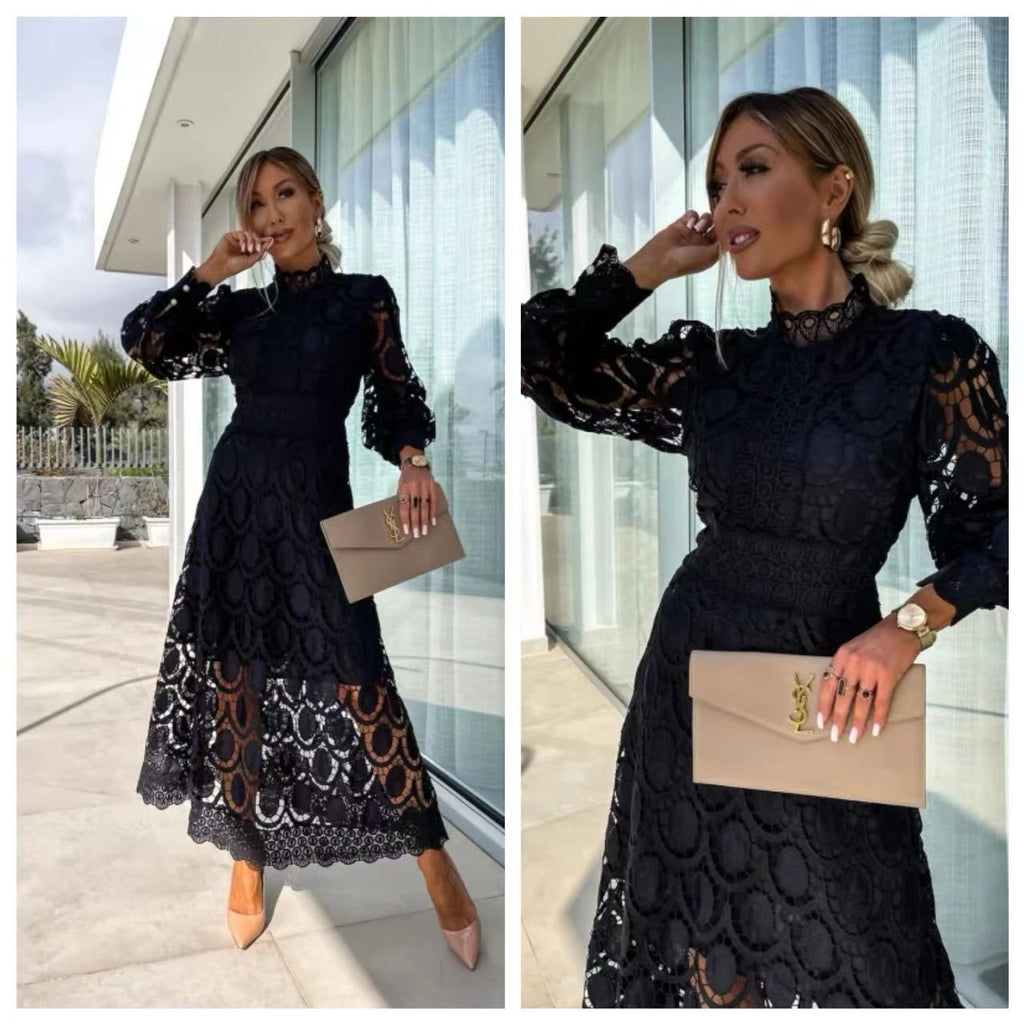French Style Lace Collar Puff Sleeve Long Dress