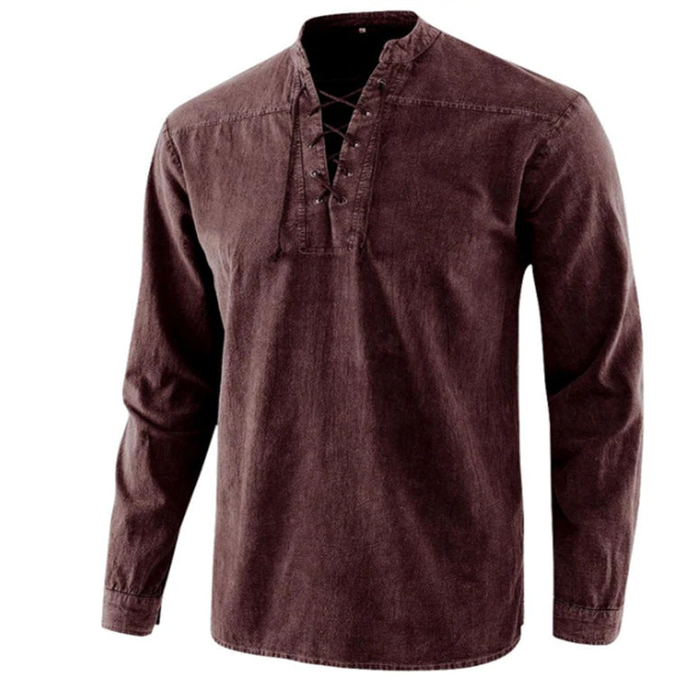 Mens Retro Stand Collar Long Sleeve Shirt
