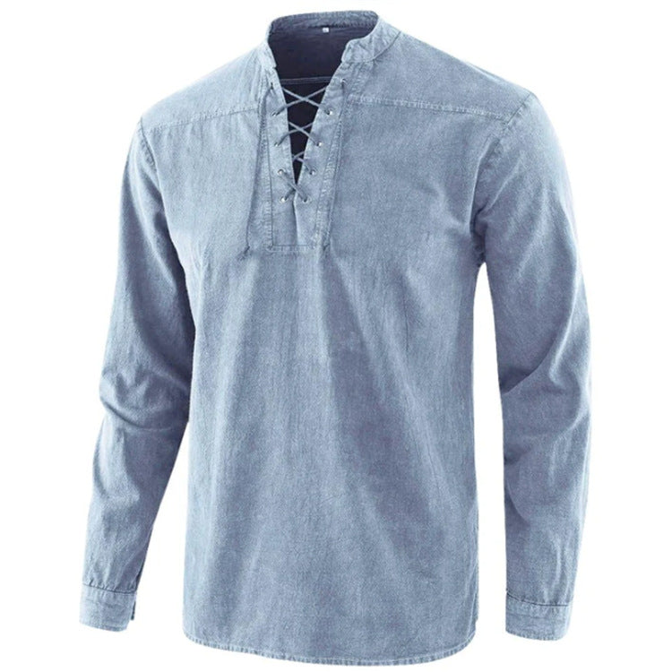 Mens Retro Stand Collar Long Sleeve Shirt