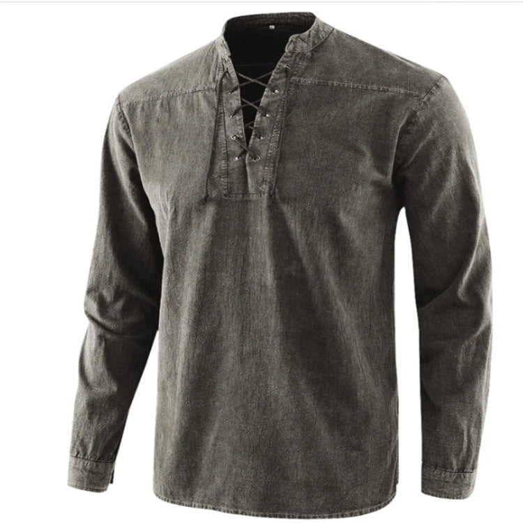 Mens Retro Stand Collar Long Sleeve Shirt