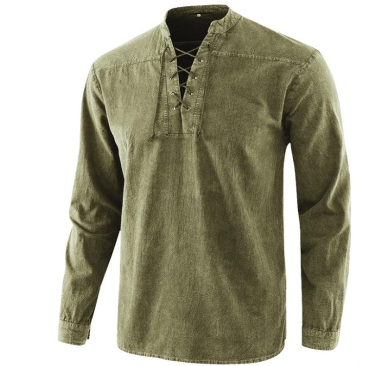 Mens Retro Stand Collar Long Sleeve Shirt