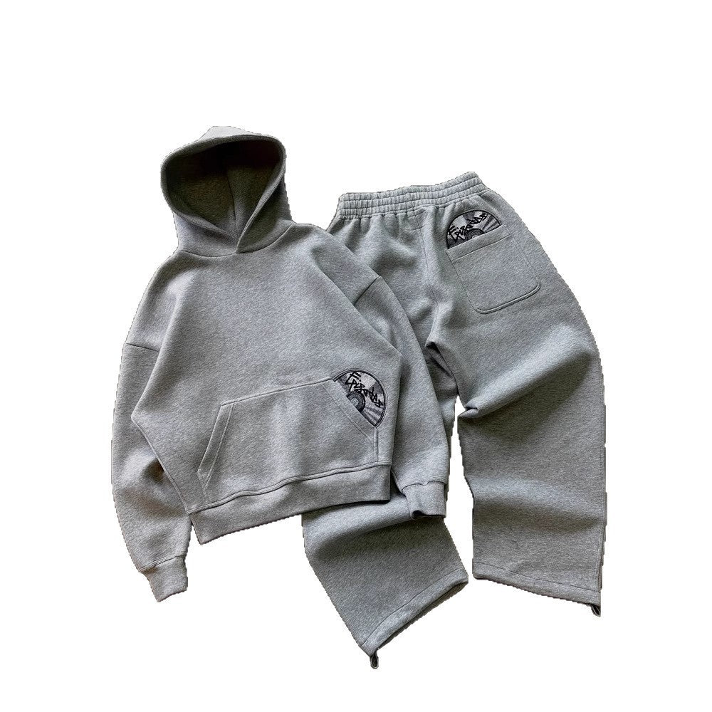 Retro Print Pullover Hoodie and Trousers Set