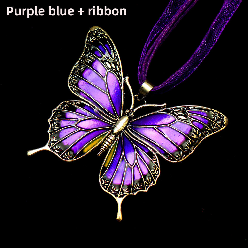 Colorful Morpho Butterfly Silver Plated Necklace