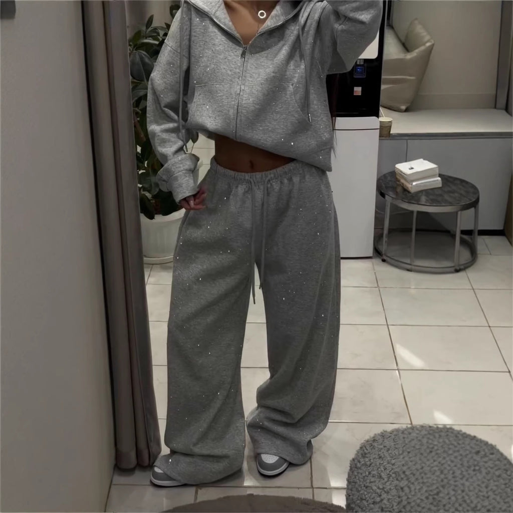 Rhinestone Zipper Hoodie and Wide-Leg Pants