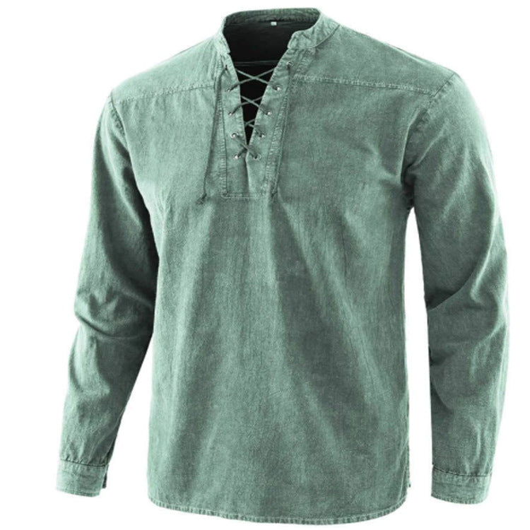 Mens Retro Stand Collar Long Sleeve Shirt