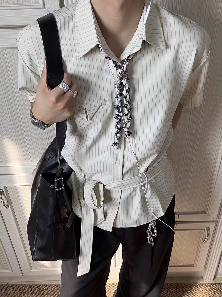 Draped Anti-Wrinkle Striped Tie Short Sleeve Shirt