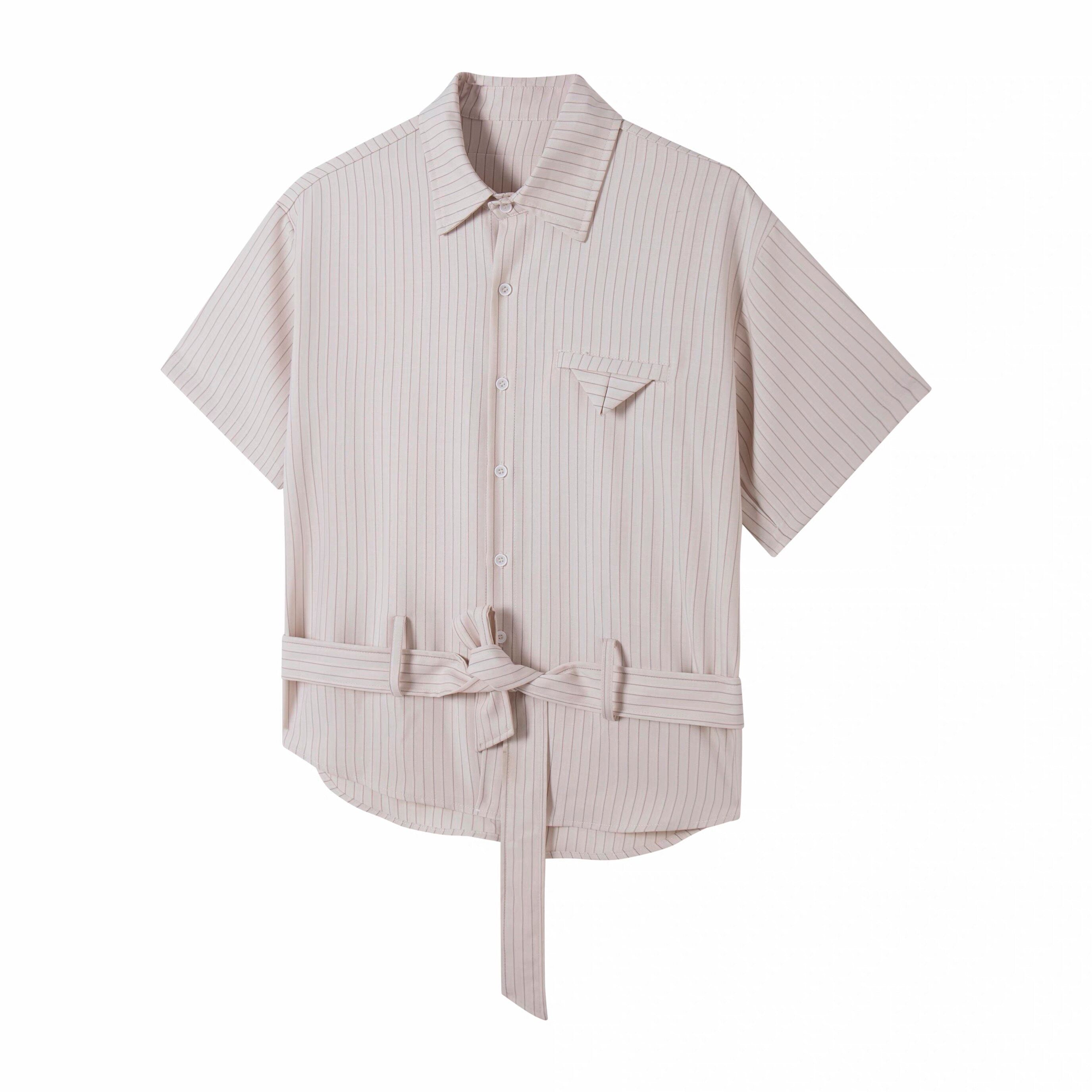 Draped Anti-Wrinkle Striped Tie Short Sleeve Shirt