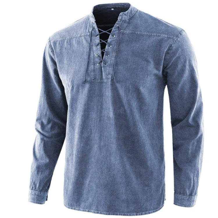 Mens Retro Stand Collar Long Sleeve Shirt