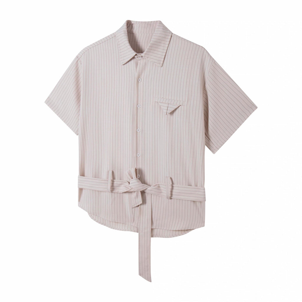 Draped Anti-Wrinkle Striped Tie Short Sleeve Shirt