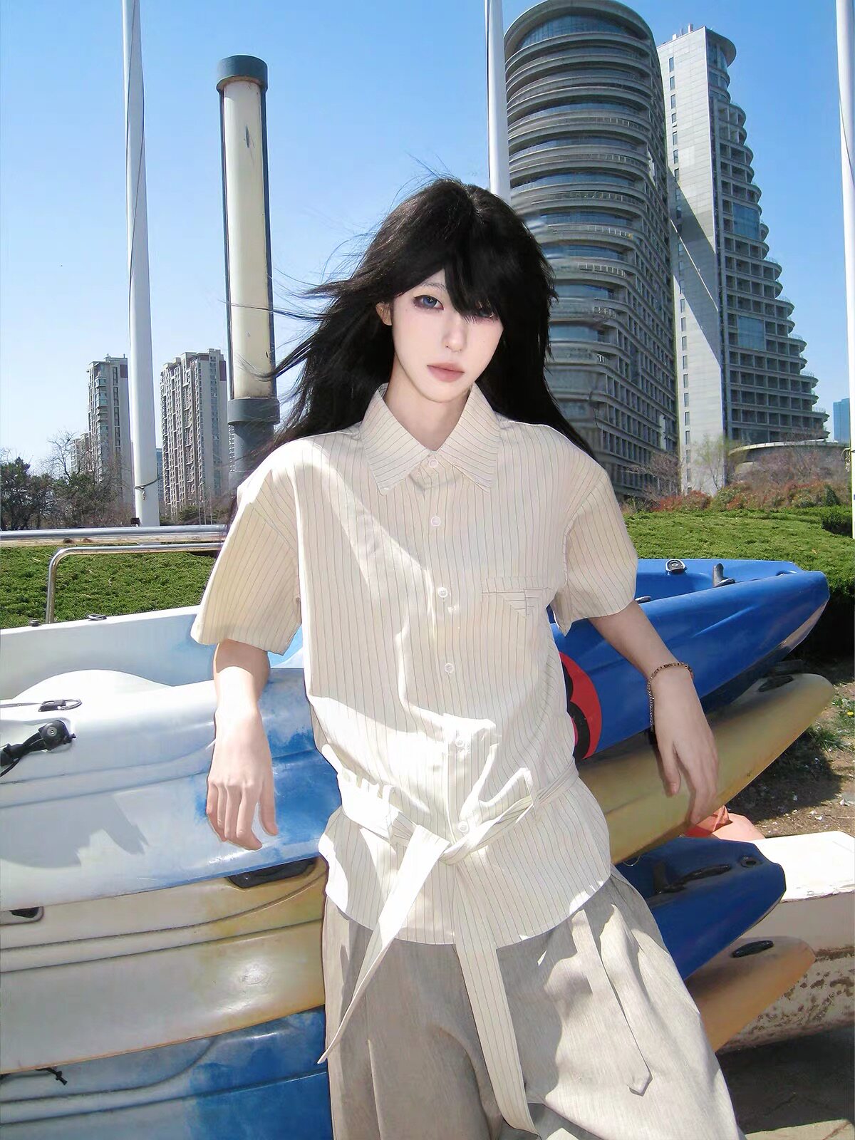 Draped Anti-Wrinkle Striped Tie Short Sleeve Shirt