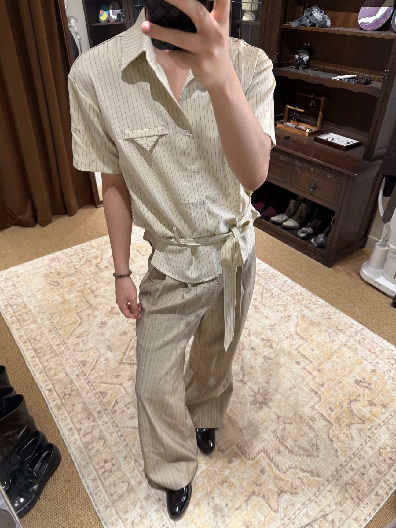 Draped Anti-Wrinkle Striped Tie Short Sleeve Shirt